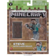 an action figure is shown in the packaging for minecraft steve with chain armor,