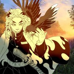 an animated image of a woman holding a bird in her right hand with the sun setting behind her