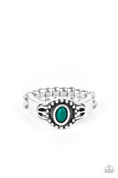 A refreshing green bead is pressed into the center of a dainty silver band radiating with tribal inspired textures for a seasonal look. Features a dainty stretchy band for a flexible fit. Sold as one individual ring. Brown Rings, Green Ring, Green Rings, Stretch Bands, Paparazzi Accessories, Paparazzi Jewelry, Beaded Rings, Green Bead, Accessories Rings