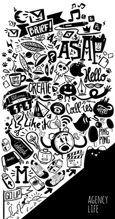 a black and white poster with lots of doodles on the back side of it