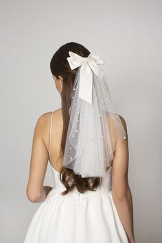 the back of a bride's head wearing a white veil with polka dots on it