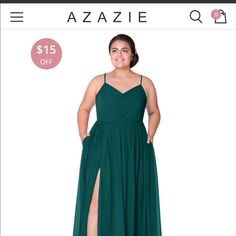 a woman in a long green dress with her legs slited up and the price is $