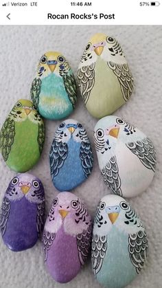 six painted rocks with different colored birds on them