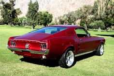 a red mustang sitting on top of a lush green field