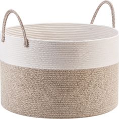 a large round basket with handles on the top and bottom, in beige and white