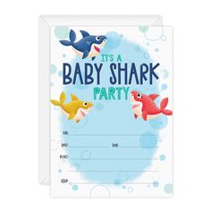 a baby shark party card with two fish on the front and one in the back