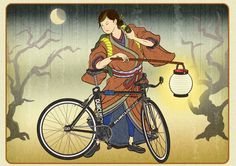 a woman riding a bike with a lantern on the back