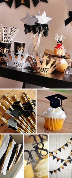 a collage of photos with graduation decorations and cupcakes on them, including cake toppers