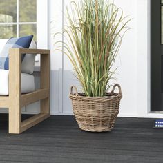 a plant in a basket sitting on the porch