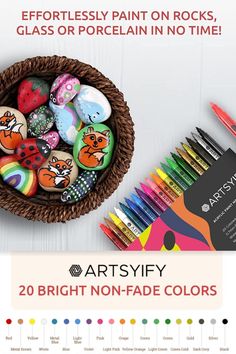 an advertisement for the artsy kids's art class with colorful rocks and crayons