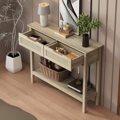 a wooden table with two drawers and a basket on the bottom shelf next to it