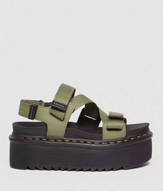 Dr. Martens Kimber Athena Leather Flatform Sandal - Green US 7, Women's Mutedolive PU-coated leather strappy sandal Adjustable hook and latch straps Color pop stitch ripple tread sole Goodyear welt AirWair cushioned footbed 3 heel with a 2 3/8 platform. Due to the nature of leather/suede, small variances of color in the skin may occur, this is in no way considered a defect. These are inherent characteristics of leather/suede and will enhance the individual look of your garment.. PU Coated Leathe Nike Platform Sandals Outfit, Doc Sandals, Chunky Leather Sandals, Pop Stitch, Green Sandals, Sandals Outfit, Chunky Sandals, Flatform Sandals, Cute Sandals