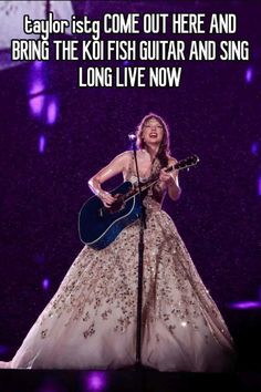 a woman in a dress holding a guitar and singing into a microphone with the caption saying, cay or i'd come out here and bring the koi fish guitar and sing long live now