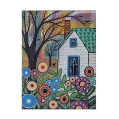 a painting of a house with flowers in the foreground and trees in the background