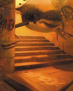 an artistic painting of steps leading up to a shark