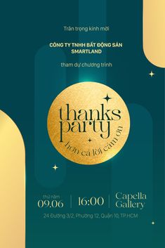 an advertisement for a party with gold and green colors on the front, blue background