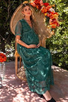 Teal Green Lace Mesh Overlay Maternity Maxi Dress Short Bell Sleeves, Casual Wedding Attire, Maternity Maxi Dress, Maternity Maxi, Sheer Shorts, Pregnancy Maxi Dress, Scalloped Trim, Mesh Overlay, Pink Blush Maternity