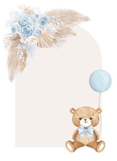 a teddy bear holding a blue balloon with feathers on it's back and a white background