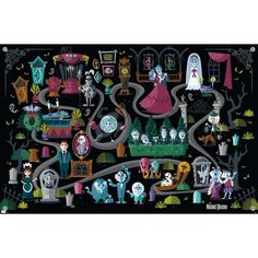 a black and gold framed poster with cartoon characters on it