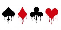 three hearts and two spades with blood dripping from them