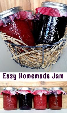 jars filled with jam sitting on top of a wooden shelf