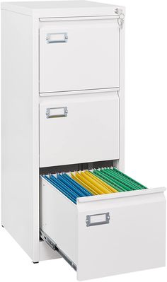 a white file cabinet with two drawers and colored files in the bottom drawer, on a white background