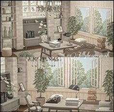 two pictures of a living room with furniture and bookshelves on the windowsill