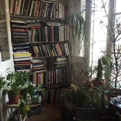 a room filled with lots of plants and bookshelves full of books on top of them