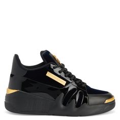 High-top 'Talon' sneakers, crafted from black leather, velvet-effect and patent-effect synthetic fabric, featuring technical fabric inner lining, matching cotton laces, a golden metal 'Signature' on the tongue, a golden metal 'Label Signature' on the outer side and a matching rubber sole with golden chromed details. Formal Patent Leather Low-top Sneakers, Luxury High-top Custom Sneakers With Translucent Outsole, Luxury Sneakers With Contrast Sole, Luxury Custom High-top Sneakers With Translucent Outsole, Luxury Gold Sneakers With Rubber Sole, Luxury Patent Leather Lace-up Sneakers, Designer Low-top Patent Leather Custom Sneakers, Luxury Custom Sneakers With Patent Leather And Contrast Sole, Designer Patent Leather Sneakers With Rubber Sole