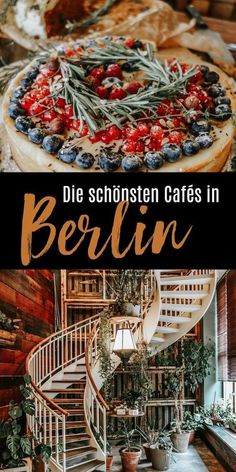 an image of the inside of a restaurant with food on display and in front of it is a spiral staircase