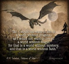 a man standing on top of a cliff next to a dragon flying over it with the words, no i would not want to live in a world without dragons as