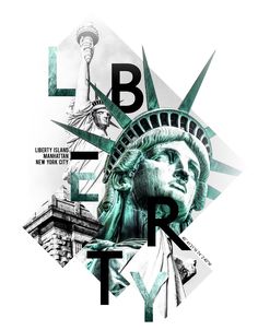 the statue of liberty is depicted in this collage with words that spell out liberty