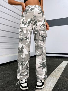 Multicolor Casual Collar  Fabric Camo Cargo Pants Embellished Non-Stretch  Women Clothing Cargo Pants Outfit Summer, Cargo Pants Aesthetic, Cargo Pants Women Outfit, Cargo Outfit, Cargo Pants Outfits, Summer Pants Outfits, Women Cargo Pants, Camo Cargo Pants