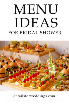 the cover of a menu for a bridal shower with food on it and text overlay