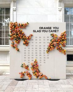 a sign with oranges on it that says, orange you glad you came?