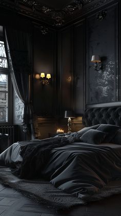 a large bed sitting next to a window in a room with black walls and flooring