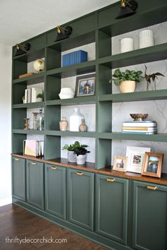 green bookcases with plants and pictures on them