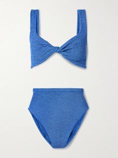 EXCLUSIVE AT NET-A-PORTER. Hunza G's 'Jamie' bikini merges two best-selling styles: the 'Juno' and 'Nadine'. This metallic-blue design is cut from the label's signature 'Crinkle™' seersucker fabric and has high-waisted briefs and a twist-front top. Pair yours with oversized shades and a pareo. Seersucker Fabric, Twist Front Top, Hunza G, High Waisted Briefs, Super Flexible, Metallic Blue, Twist Front, Blue Design, Ski Wear