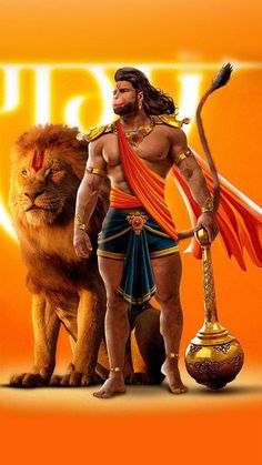 an image of a man standing next to a lion and holding a staff in his hand