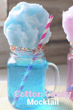 a blue mason jar with cotton candy in it