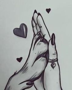 a drawing of two hands holding each other with hearts in the air and one hand reaching up