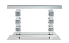 a mirrored console table with silver glittered accents on the top and bottom, against a white background