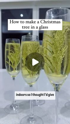 three wine glasses sitting on top of a table with text overlaying how to make a christmas tree in a glass indoors so thought i'd give