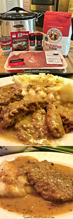 two white plates topped with meat covered in gravy next to an instant pressure cooker