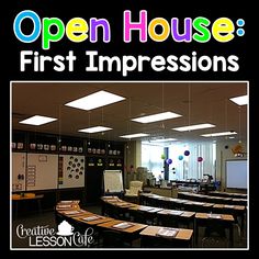 an open house first impressions class room with desks and chairs in front of it