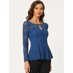 Elevate your wardrobe with this stunning peplum blouse that flatters your figure and adds an air of elegance to your essentials. This lace peplum top is a true beauty, featuring a peplum waist, a front keyhole, and intricate floral prints that are bound to turn heads. It is perfect for any occasion, including weddings, parties, cocktails, and more. You can pair it with your favorite jeans, pants, or skirts to complete a chic and sophisticated look. The fabric is not only stunning but also soft, Lace Peplum Blouse, Three Quarter Sleeve Blouses, Lace Peplum Top, Sheer Long Sleeve, Lace Peplum, Women's Blouses, Peplum Blouse, Peplum Hem, Hem Style