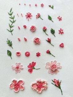 some pink flowers and green leaves on a white surface