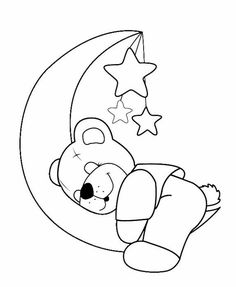 a teddy bear sleeping on the moon with stars around its neck, coloring page for kids