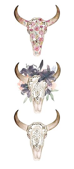 three steer skulls with flowers and leaves on their heads, one is painted in watercolor