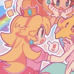 the princesses are talking to each other in front of a rainbow colored wallpaper